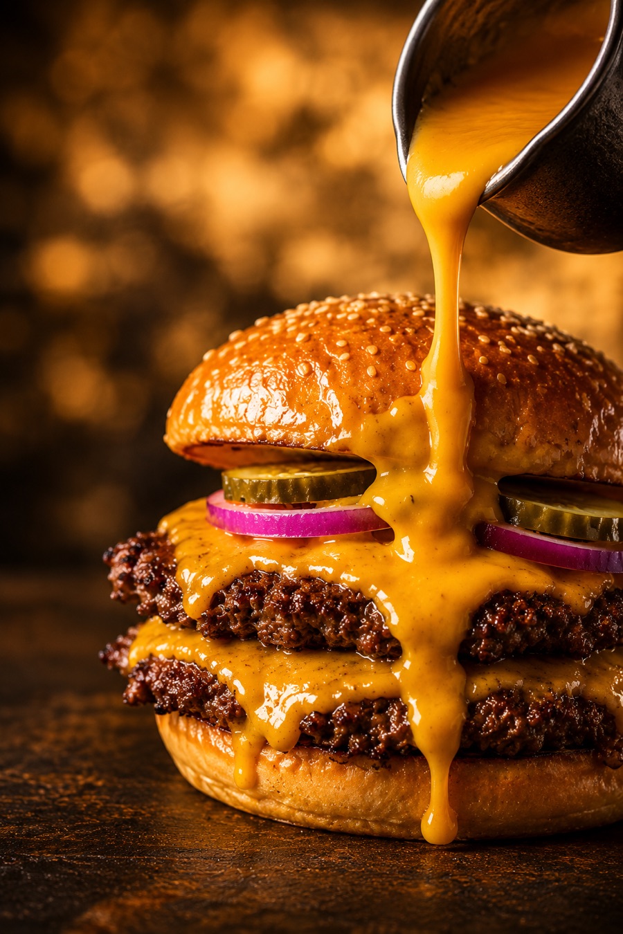 Geschmolzener Käse wird über einen Smash Burger gegossen